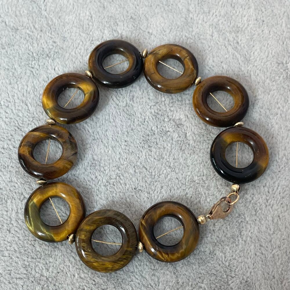 Handmade tigers eye open round stone bracelet 8"
